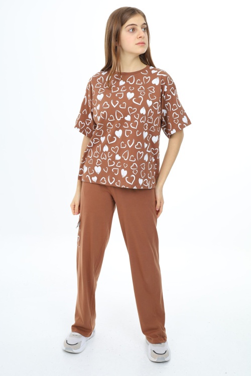 Kahverengi Kalp Baskılı Kız Çocuk Takım 17876