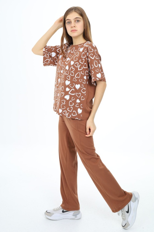 Kahverengi Kalp Baskılı Kız Çocuk Takım 17876