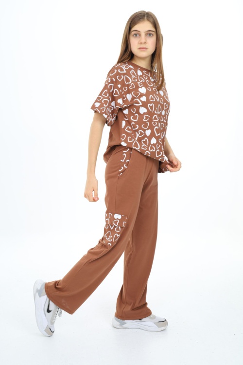 Kahverengi Kalp Baskılı Kız Çocuk Takım 17876