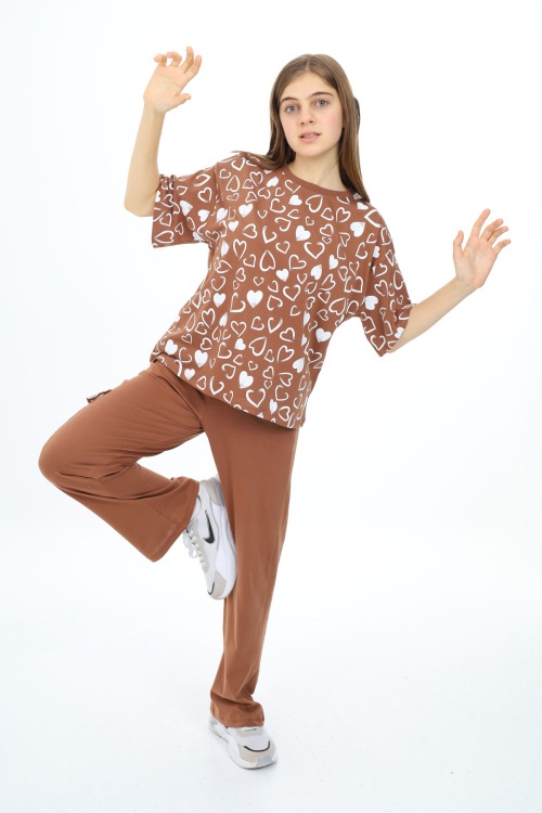 Kahverengi Kalp Baskılı Kız Çocuk Takım 17876