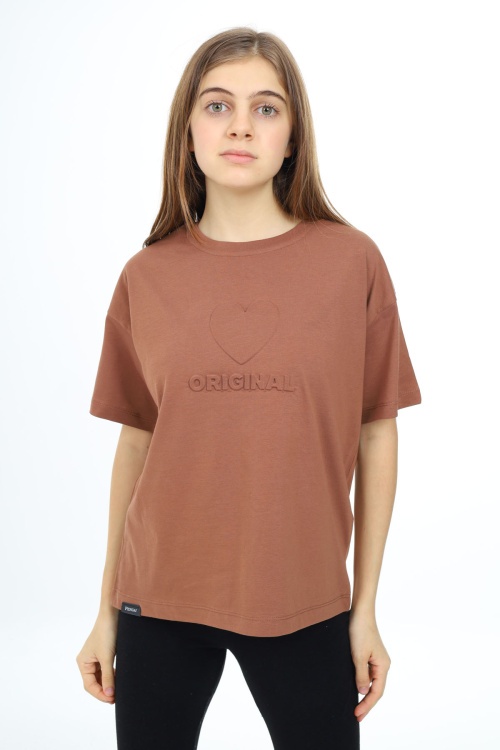 Kahverengi Kalp Kabartmalı Bisiklet Yaka Kız Tişört 17791