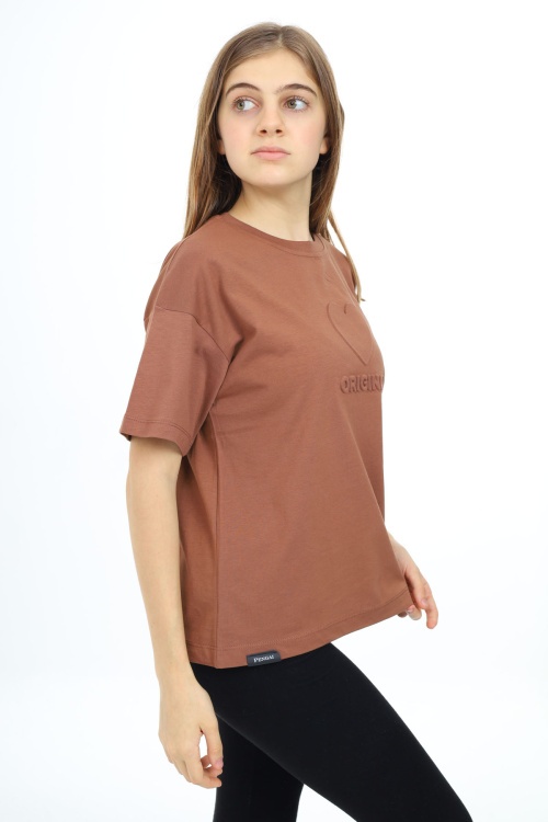 Kahverengi Kalp Kabartmalı Bisiklet Yaka Kız Tişört 17791