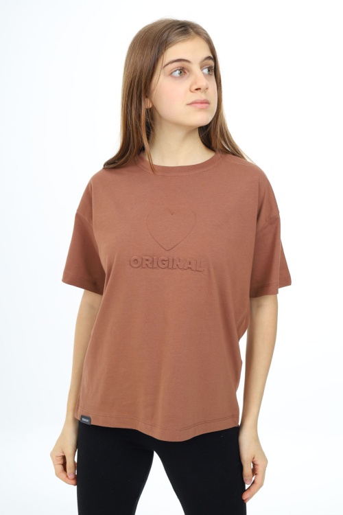 Kahverengi Kalp Kabartmalı Bisiklet Yaka Kız Tişört 17791