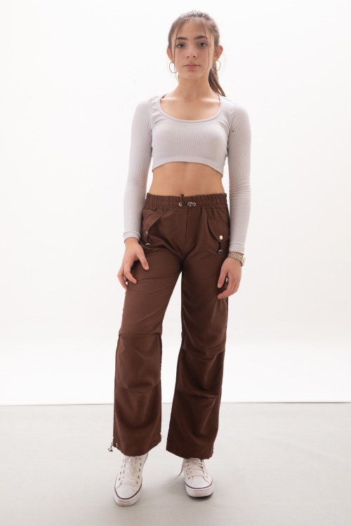 Kahverengi Kapak Detaylı Beli Lastikli Kız Paraşüt Pantolon 18054