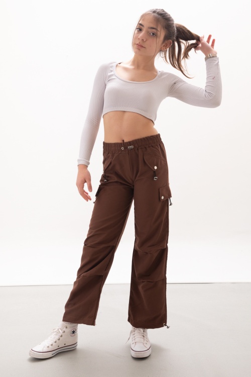 Kahverengi Kapak Detaylı Beli Lastikli Kız Paraşüt Pantolon 18054