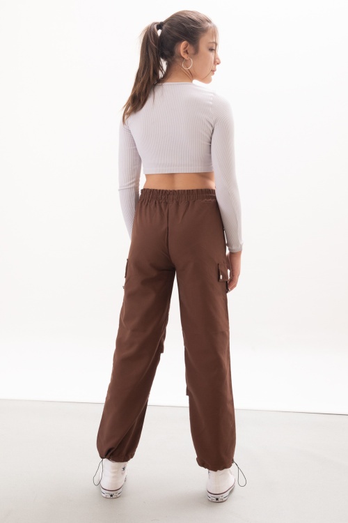 Kahverengi Kapak Detaylı Beli Lastikli Kız Paraşüt Pantolon 18054