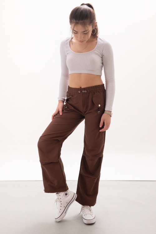 Kahverengi Kapak Detaylı Beli Lastikli Kız Paraşüt Pantolon 18054