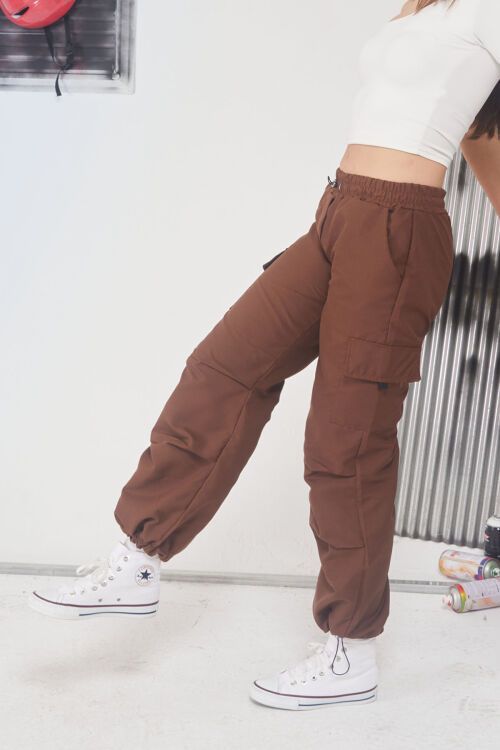 Kahverengi Kargo Cep Lastikli Paça Kız Paraşüt Pantolon 17594
