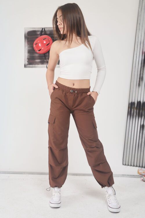 Kahverengi Kargo Cep Lastikli Paça Kız Paraşüt Pantolon 17594