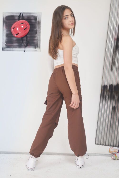 Kahverengi Kargo Cep Lastikli Paça Kız Paraşüt Pantolon 17594