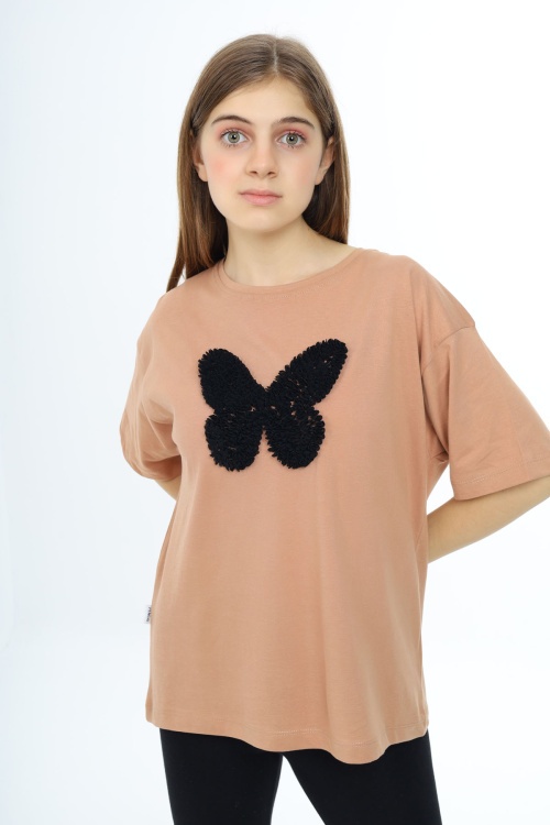 Kahverengi Kelebek İşlemeli Kısa Kol Kız Çocuk Tişört 17786
