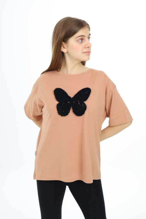 Kahverengi Kelebek İşlemeli Kısa Kol Kız Çocuk Tişört 17786