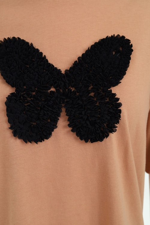 Kahverengi Kelebek İşlemeli Kısa Kol Kız Çocuk Tişört 17786