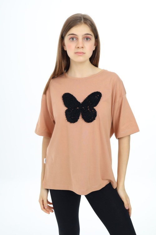 Kahverengi Kelebek İşlemeli Kısa Kol Kız Çocuk Tişört 17786