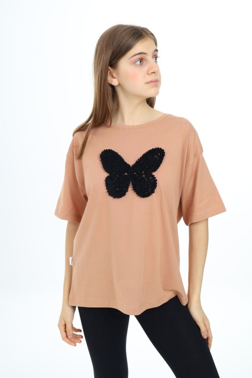 Kahverengi Kelebek İşlemeli Kısa Kol Kız Çocuk Tişört 17786