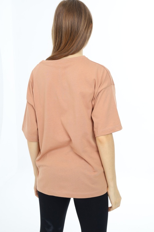 Kahverengi Kelebek İşlemeli Kısa Kol Kız Çocuk Tişört 17786