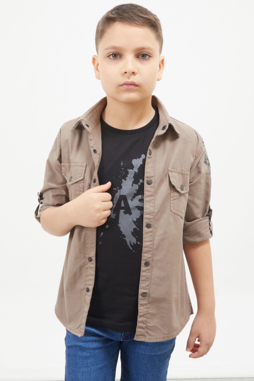 Kahverengi Kolları Şerit Yazılı Jean Gömlekli Tişört Erkek Çocuk 2li Takım 17649