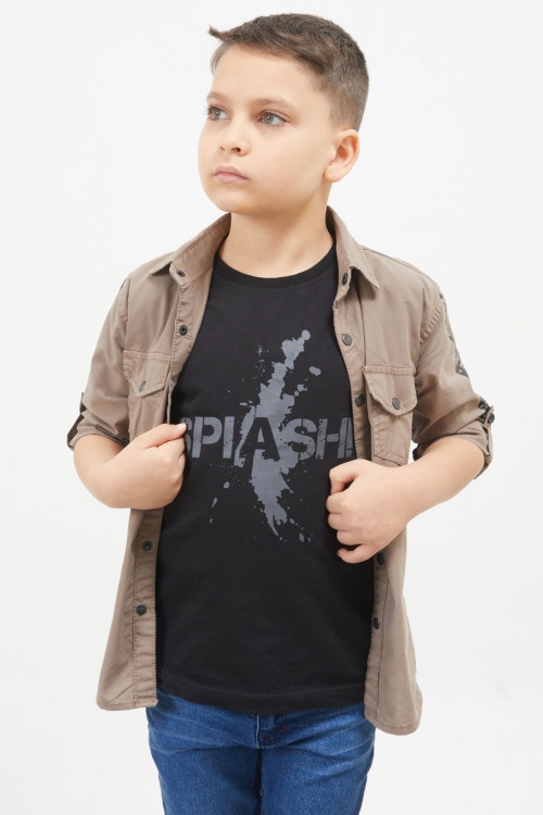 Kahverengi Kolları Şerit Yazılı Jean Gömlekli Tişört Erkek Çocuk 2li Takım 17649