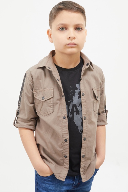 Kahverengi Kolları Şerit Yazılı Jean Gömlekli Tişört Erkek Çocuk 2li Takım 17649