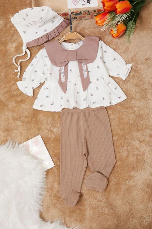 Kahverengi Kurdele Yakalı Desenli Kız Bebek Yenidoğan 3lü Takım 17627