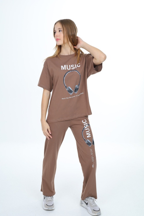 Kahverengi Music Yazı Baskılı Kız Çocuk Takım 17894