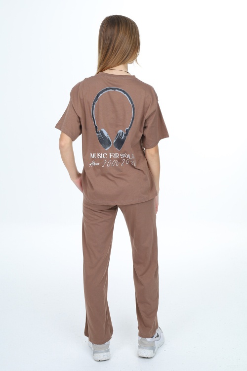 Kahverengi Music Yazı Baskılı Kız Çocuk Takım 17894