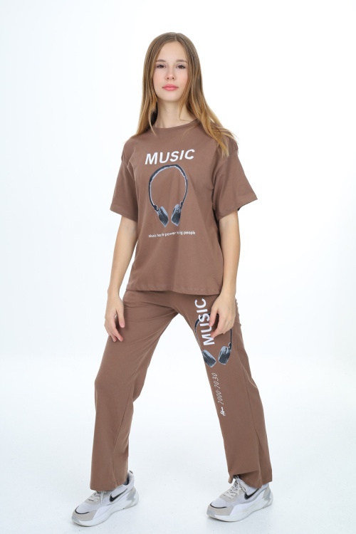 Kahverengi Music Yazı Baskılı Kız Çocuk Takım 17894