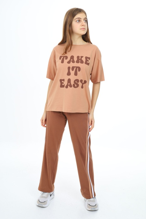 Kahverengi Yazı Baskılı Kısa Kollu Kız Çocuk Takım 17952