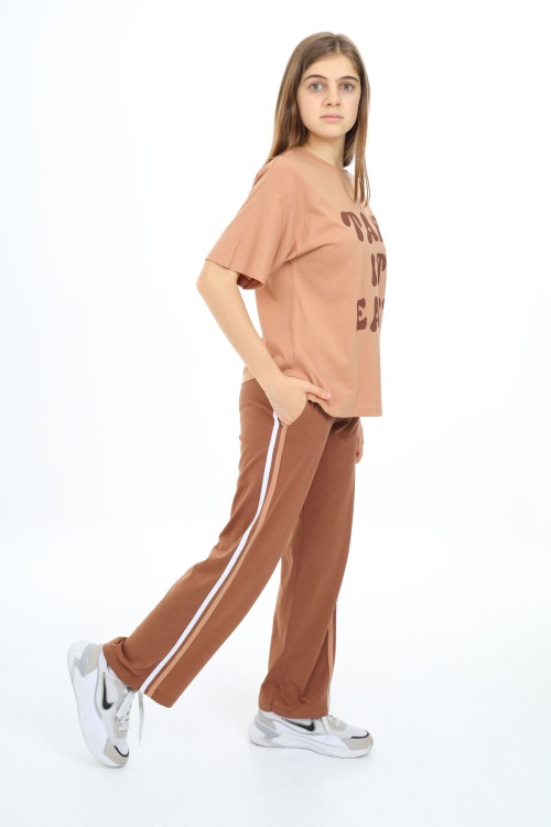 Kahverengi Yazı Baskılı Kısa Kollu Kız Çocuk Takım 17952