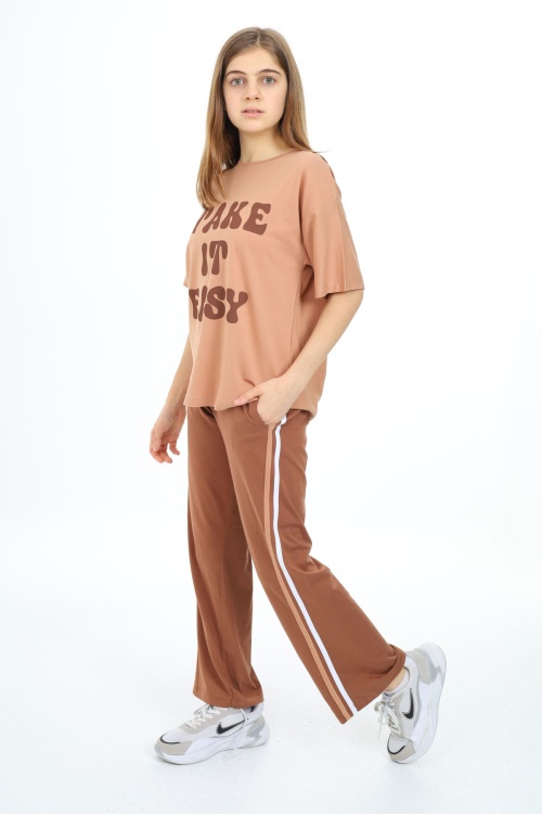 Kahverengi Yazı Baskılı Kısa Kollu Kız Çocuk Takım 17952
