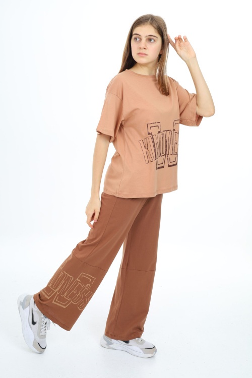 Kahverengi Yazı Baskılı Kız Çocuk Takım 17899