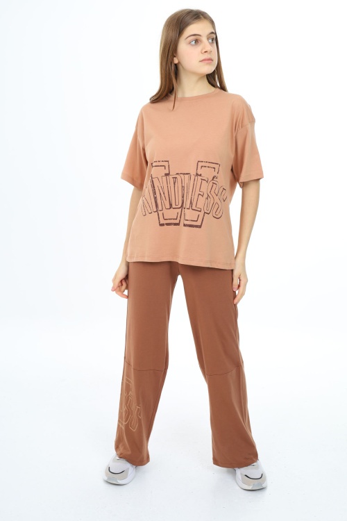 Kahverengi Yazı Baskılı Kız Çocuk Takım 17899