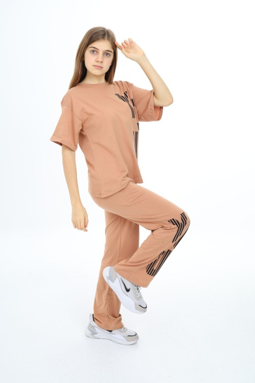 Kahverengi You Yazı Baskılı Kız Çocuk Takım 17871