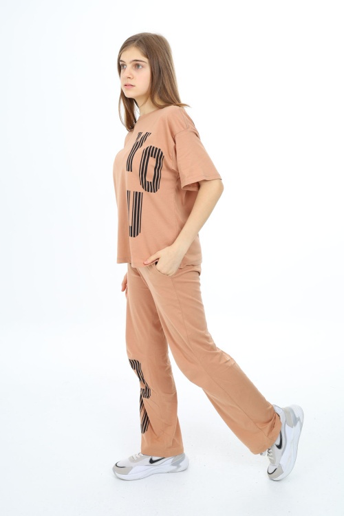 Kahverengi You Yazı Baskılı Kız Çocuk Takım 17871