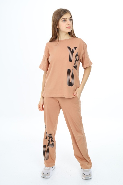 Kahverengi You Yazı Baskılı Kız Çocuk Takım 17871
