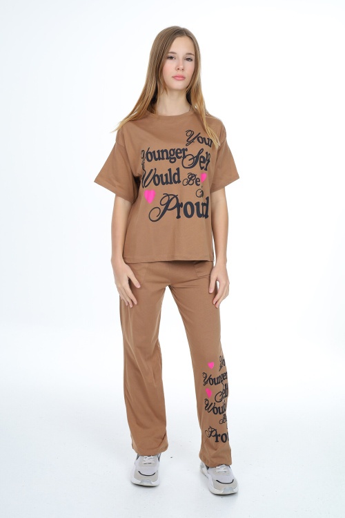Kahverengi Younger Yazı Baskılı Kız Çocuk Takım 17854