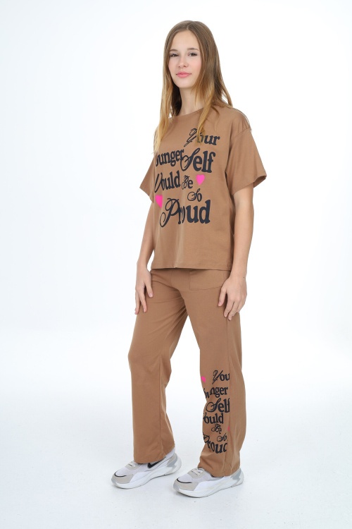 Kahverengi Younger Yazı Baskılı Kız Çocuk Takım 17854