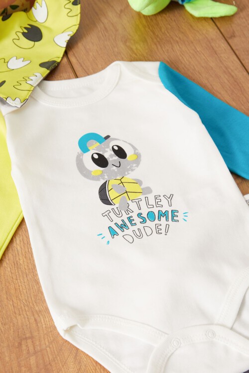 Kaplumbağa Baskılı Çıtçıtlı Badili Önlüklü Erkek Bebek 3lü Takım 17514