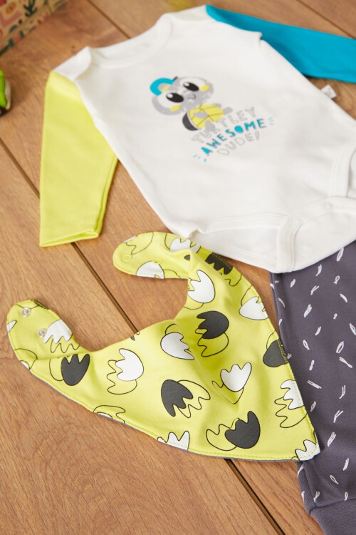 Kaplumbağa Baskılı Çıtçıtlı Badili Önlüklü Erkek Bebek 3lü Takım 17514