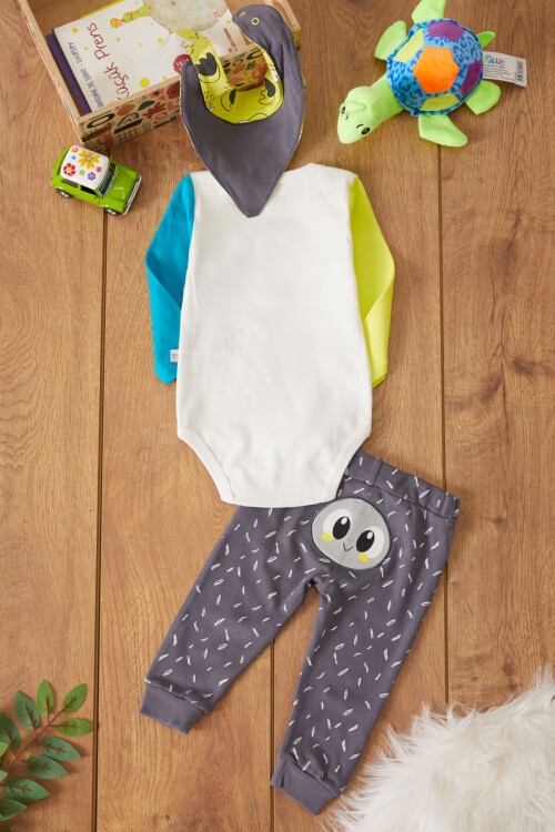 Kaplumbağa Baskılı Çıtçıtlı Badili Önlüklü Erkek Bebek 3lü Takım 17514