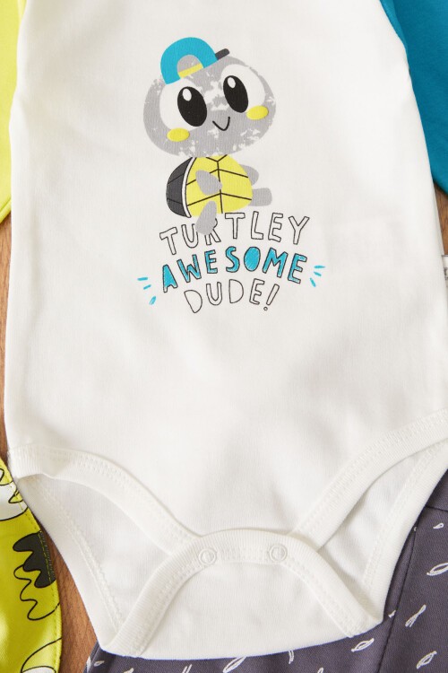 Kaplumbağa Baskılı Çıtçıtlı Badili Önlüklü Erkek Bebek 3lü Takım 17514