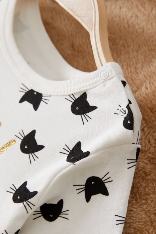 Kedi Baskılı Fiyonklu Bandanalı Kız Bebek Elbise Takımı 17500