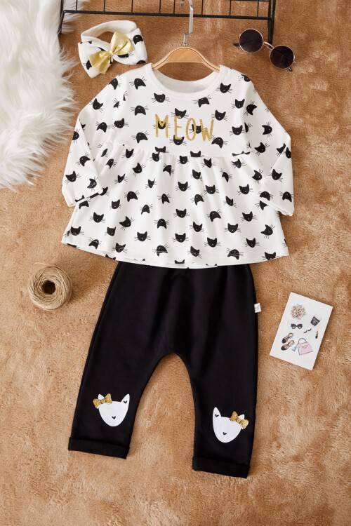 Kedi Baskılı Fiyonklu Bandanalı Kız Bebek Elbise Takımı 17500