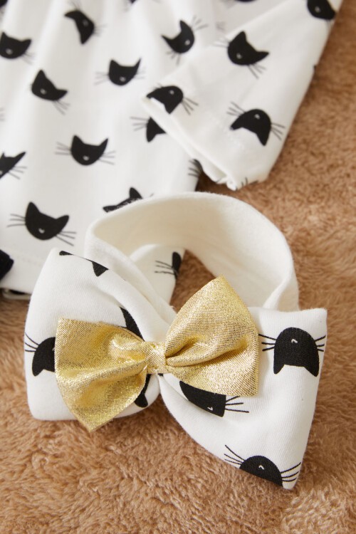 Kedi Baskılı Fiyonklu Bandanalı Kız Bebek Elbise Takımı 17500