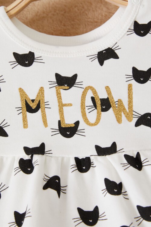 Kedi Baskılı Fiyonklu Bandanalı Kız Bebek Elbise Takımı 17500