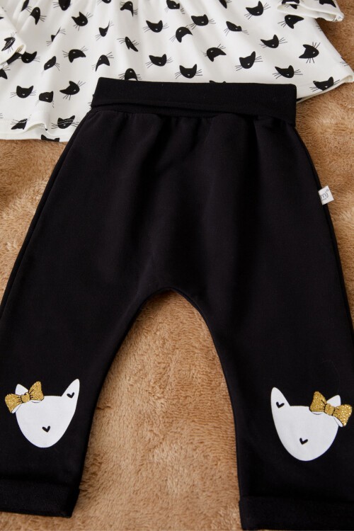 Kedi Baskılı Fiyonklu Bandanalı Kız Bebek Elbise Takımı 17500