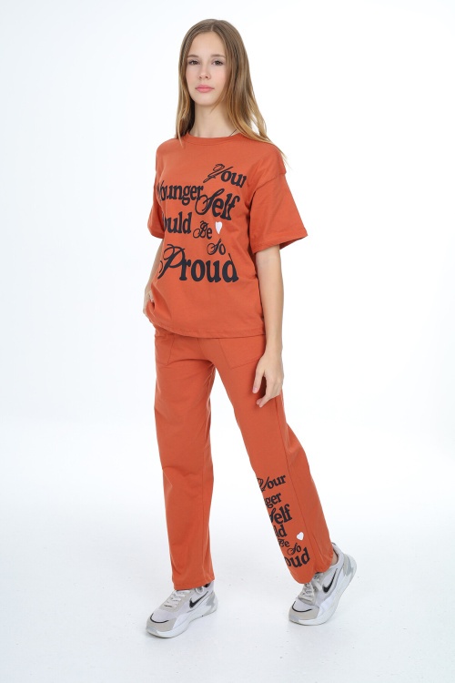 Kiremit Younger Yazı Baskılı Kız Çocuk Takım 17850