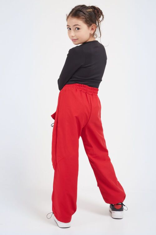 Kırmızı Bağcık Cep Detaylı Kız Çocuk Paraşüt Pantolon 17634