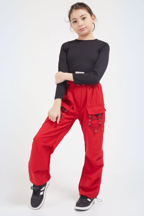 Kırmızı Bağcık Cep Detaylı Kız Çocuk Paraşüt Pantolon 17634