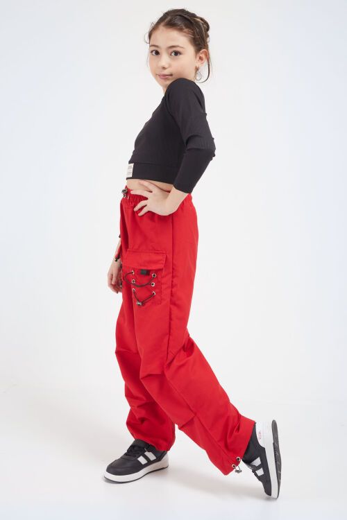 Kırmızı Bağcık Cep Detaylı Kız Çocuk Paraşüt Pantolon 17634